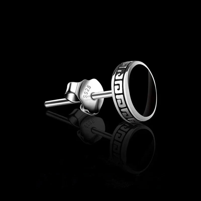 925 Silver Earrings Men Black Circle Single Simple Luxury Earring